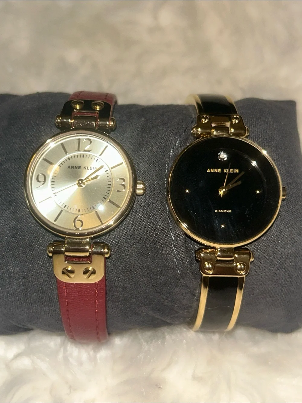 Anne Klein Gold-Tone Watches with Burgundy Strap & Black Bracelet